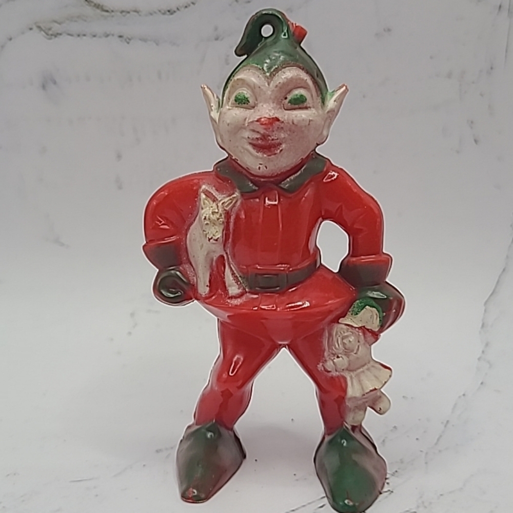 Vintage ROSBRO Christmas Elf Red & Green Ornament